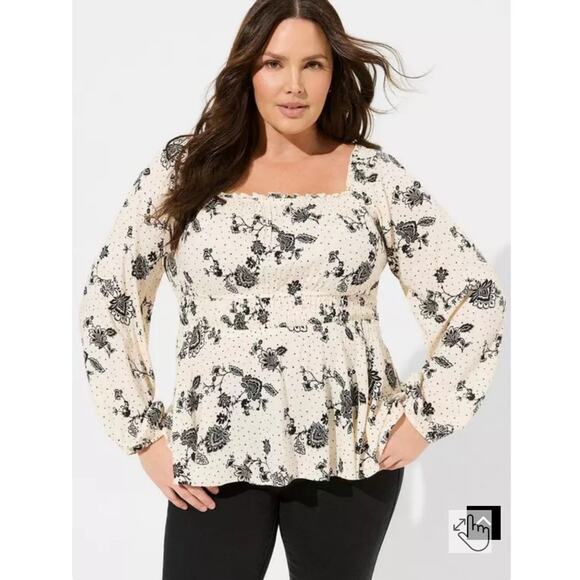 Torrid Peasant Blouse Size 2 Smocked Waist Long Sleeve Floral Black White - Picture 1 of 10